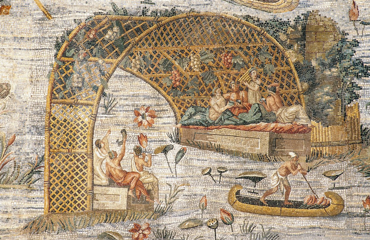 Banquet under pergola, detail from Nilotic mosaic of flooding of river Nile in Egypt, from Sanctuary of Fortuna Primigenia at Palestrina, Lazio, Italy, Roman civilization بواسطة رواية