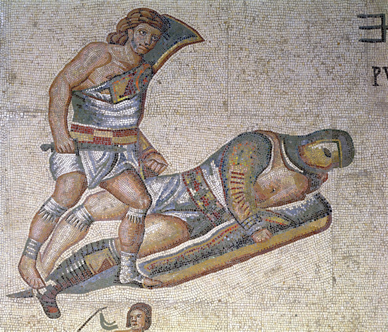 معركة بين المصارعون ، تفاصيل مصارع يعلق آخر على الأرض ، 320 م (فسيفساء) بواسطة رواية