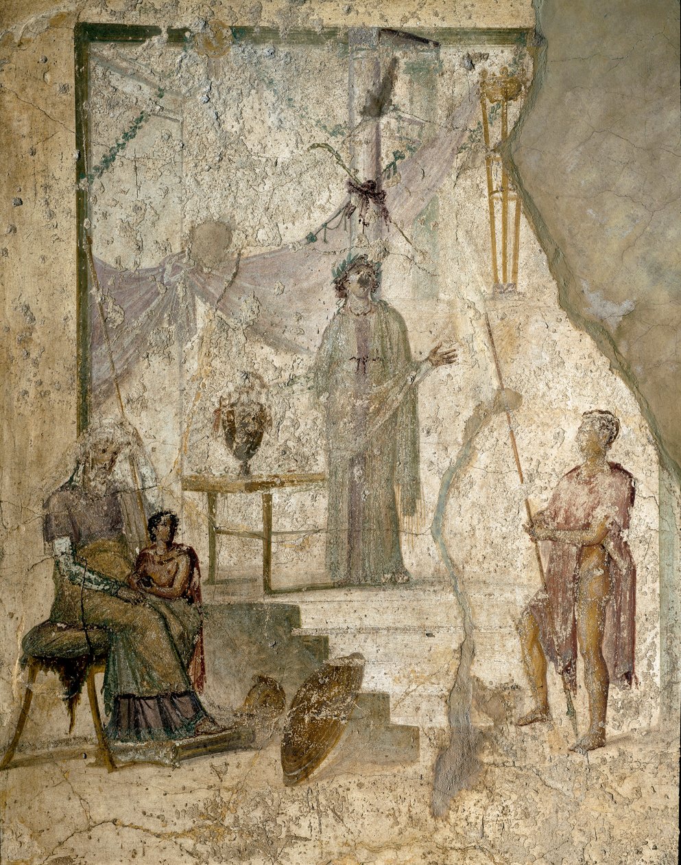 Cassandra prophecies the fall of Troy, her father Priam, sitting left, her brother Paris, holding the apple of Discord and a warrior leans his spear (probably Hector) - Fresco بواسطة رواية
