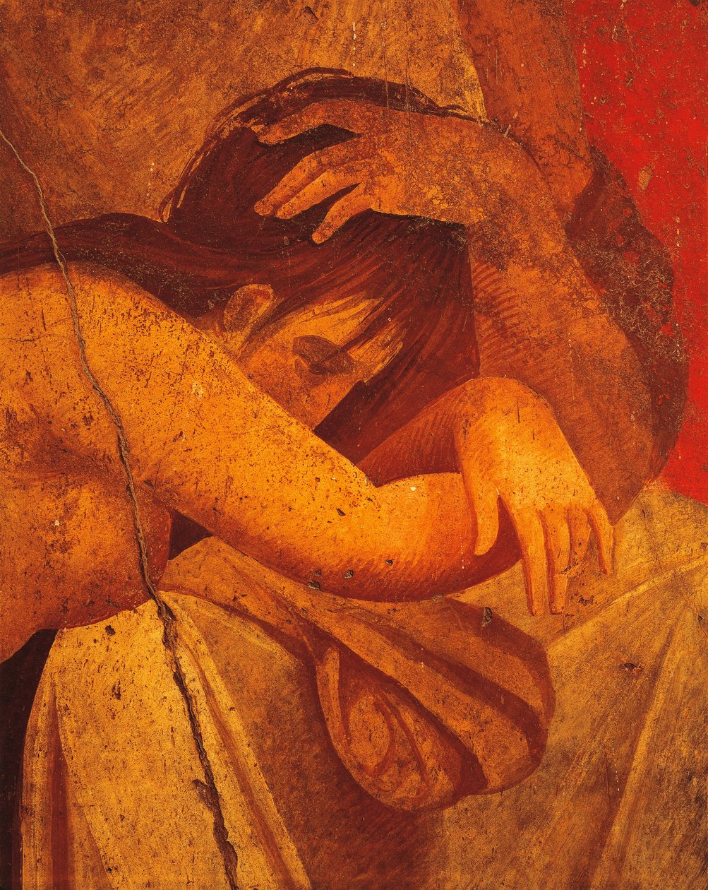 Detail of fresco depicting Flagellate, Second Pompeian Style, from Villa of Mysteries, Pompeii , Campania, Roman Civilization بواسطة رواية