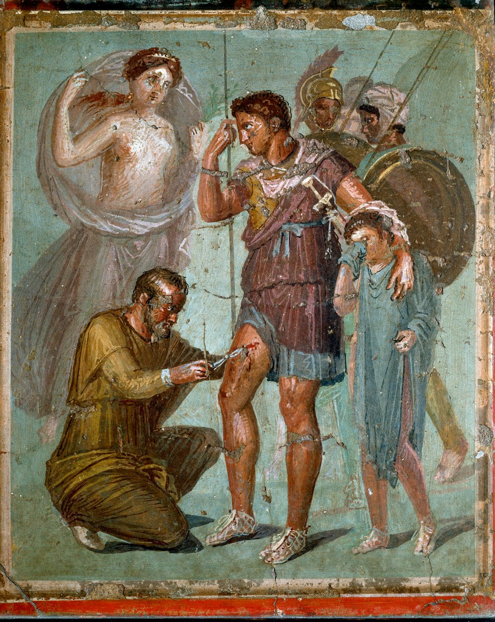Enee wounds with his son Iule, is treated by the Greek doctor Iapige, son of Iaso. Roman fresco from the 1st century AD. from Pompei. Naples, National Archaeological Museum - Roman art: Wounded Aeneas is treated by Lapyges (or lapix or lapus or lapis, son  بواسطة رواية