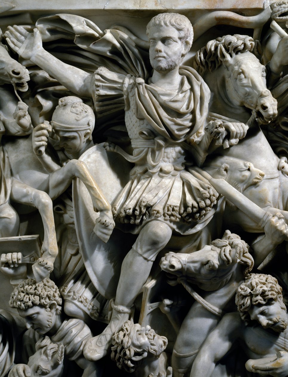 Equestrian portrait of Hostilianus, son of Emperor Decius, together with his guards on horseback, detail from The Great Ludovisi sarcophagus with relief depicting battle between Romans and Ostrogoths, ca 260, Roman Civilization, 3rd century بواسطة رواية