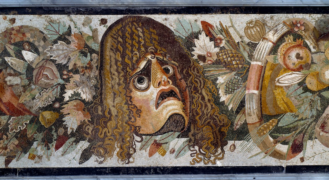 Feston with mask, leaves and fruit. Detail. Mosaic from Casa del Fauno in Pompei, 2nd century BC. Dim: 280 x 49 cm. Museo Nazionale Archeologico, Naples - Roman art: festoon with tragic mask, leaves and fruits. Detail. Mosaic from the House of the Faun, Po بواسطة رواية