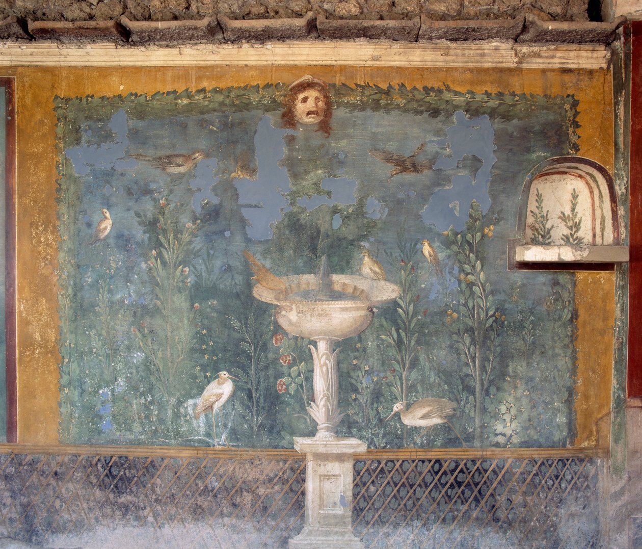 Fresco with fountain, mask and birds, House of Venus in Shell, Pompeii (Unesco World Heritage List بواسطة رواية