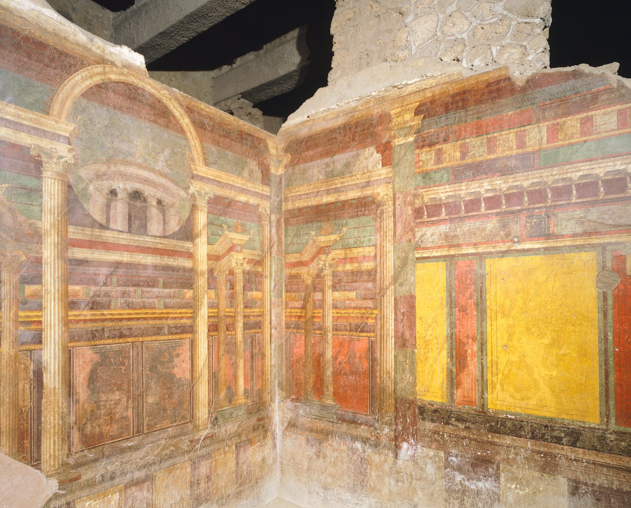 لوحات جدارية على طراز بومبيان الثاني تصور العمارة المزيفة ، من غرفة واحدة في فيلا الألغاز ، بومبي ، كامبانيا ، الحضارة الرومانية بواسطة رواية