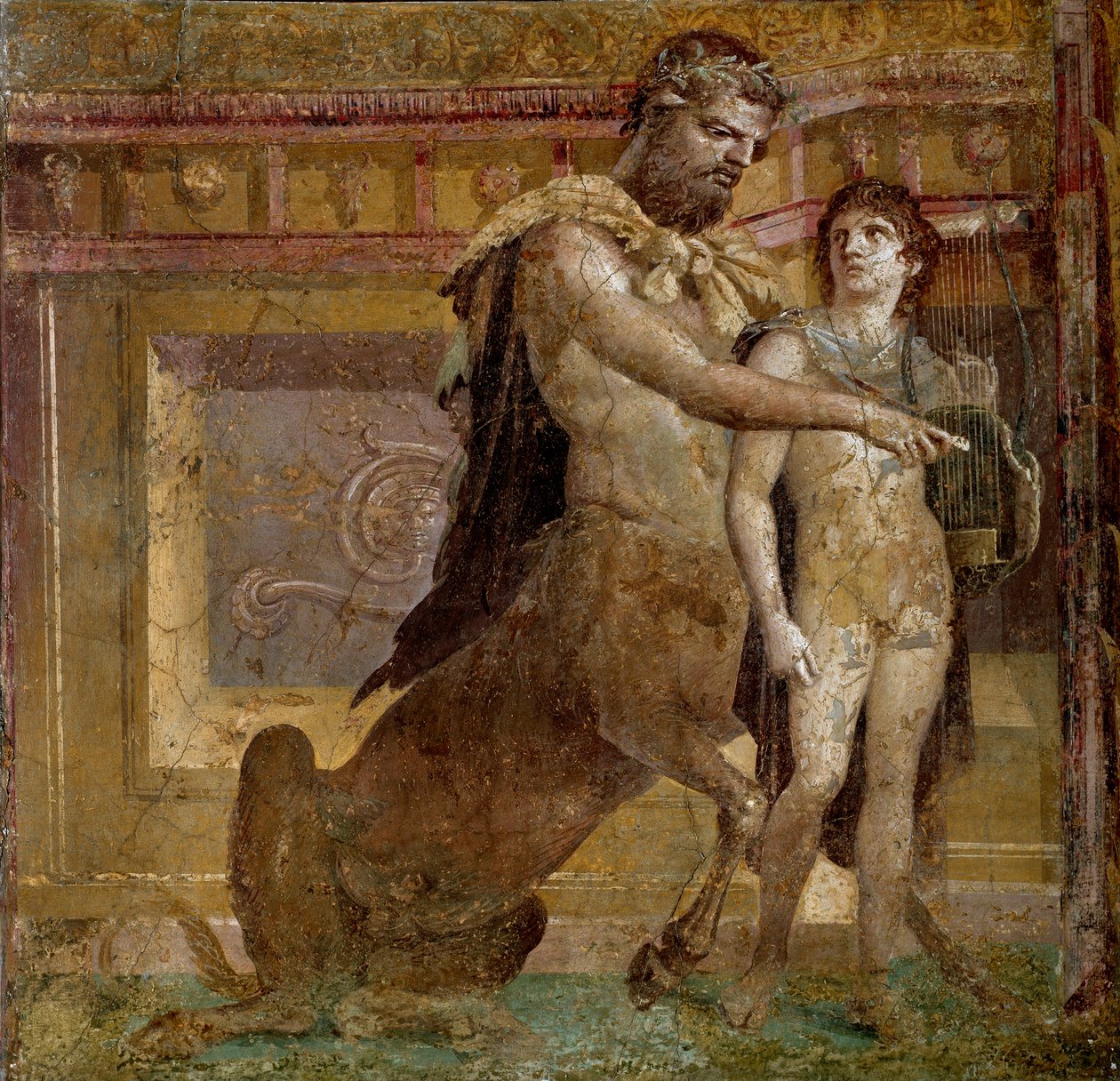 Greek mythology: the centaur Chiron and Achilles child. Fresco from the Basilica of Herculanum (Basilica di Ercolano). Roman Art Naples, Museo Archeologico Nazionale - Greek mythology: the centaur Chiron and Achilles child or the Education of Achilles by C بواسطة رواية