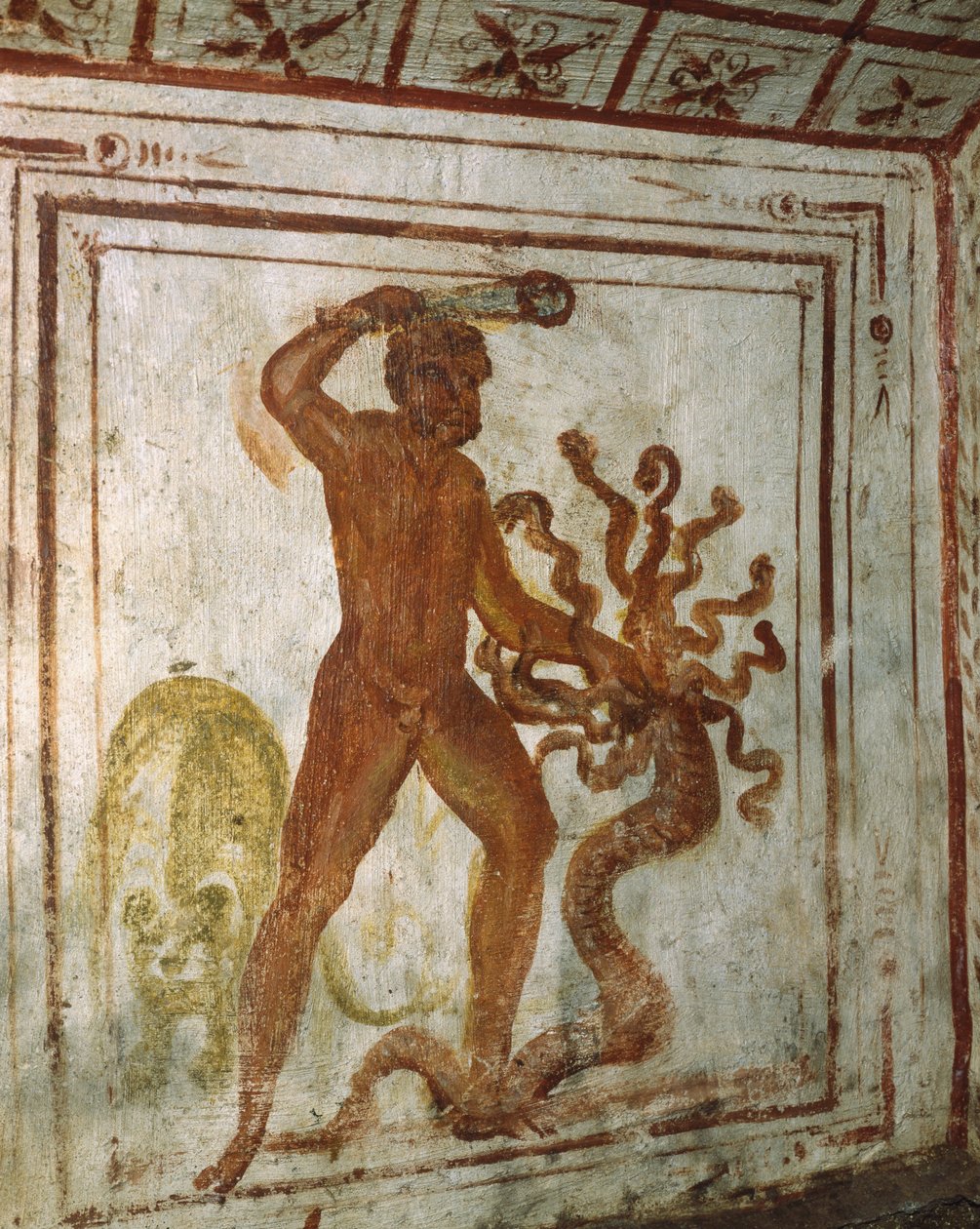 Hercules and Lernaean Hydra, fresco, Via Latina Catacomb, Rome, Italy, 4th century بواسطة رواية