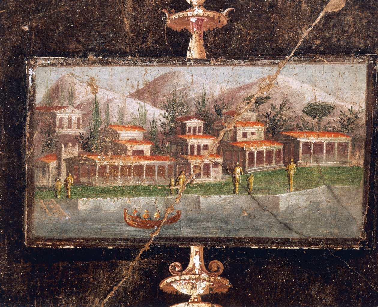 Landscape and architecture in wall painting in tablinum, House of Marco Lucrezio Fronto, Pompeii , Campania, Roman Civilization بواسطة رواية