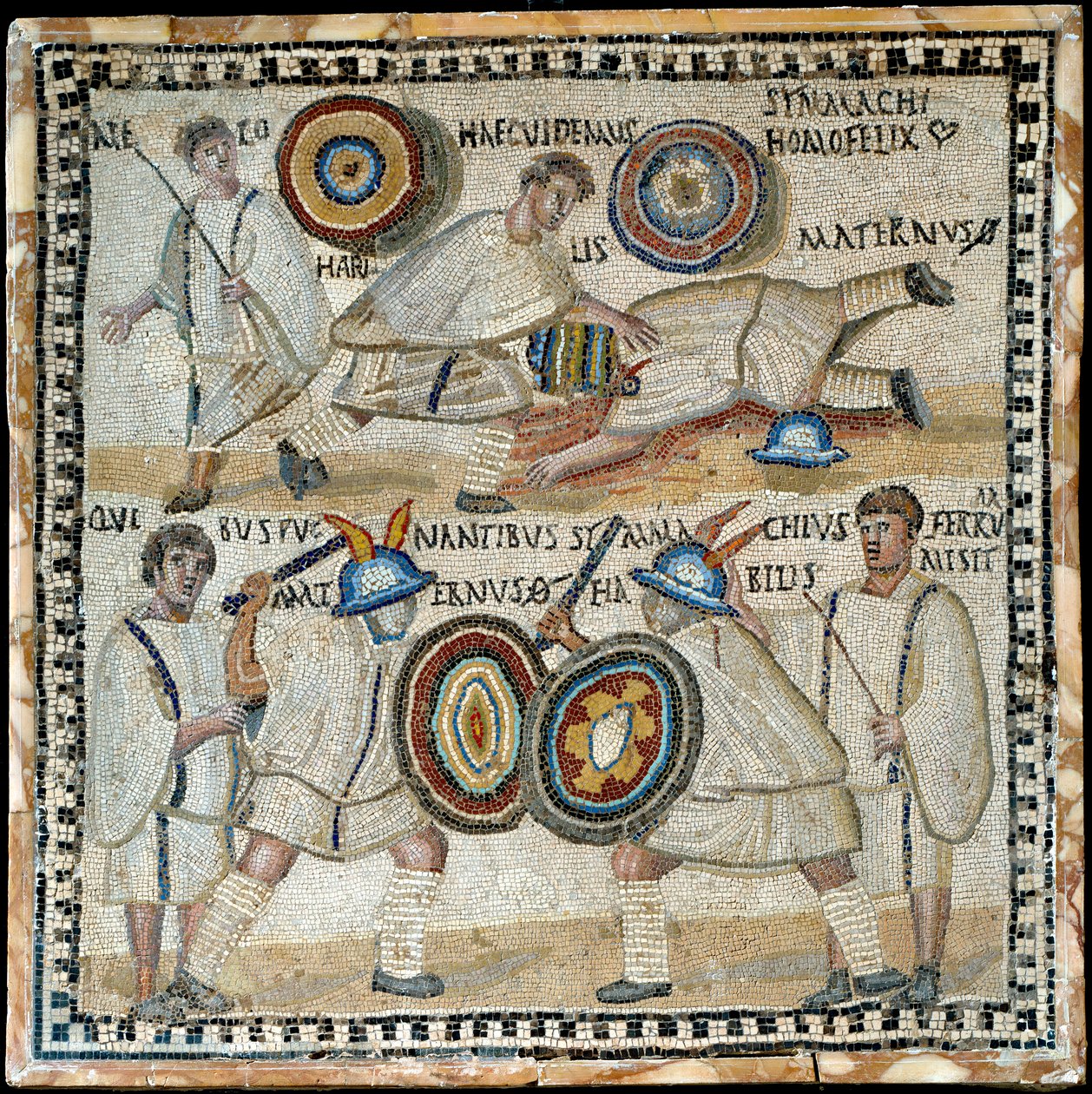 فسيفساء تصور القتال بين متعادلين يدعى Simmachius و Maternus ، الروماني ، القرن الثالث الميلادي بواسطة رواية