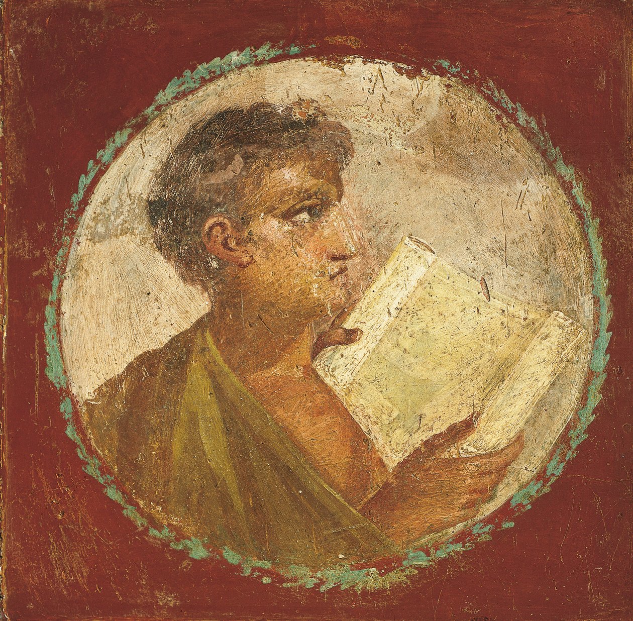 Portrait of a young man holding a papyrus scroll, 55-79 AD (fresco) بواسطة رواية