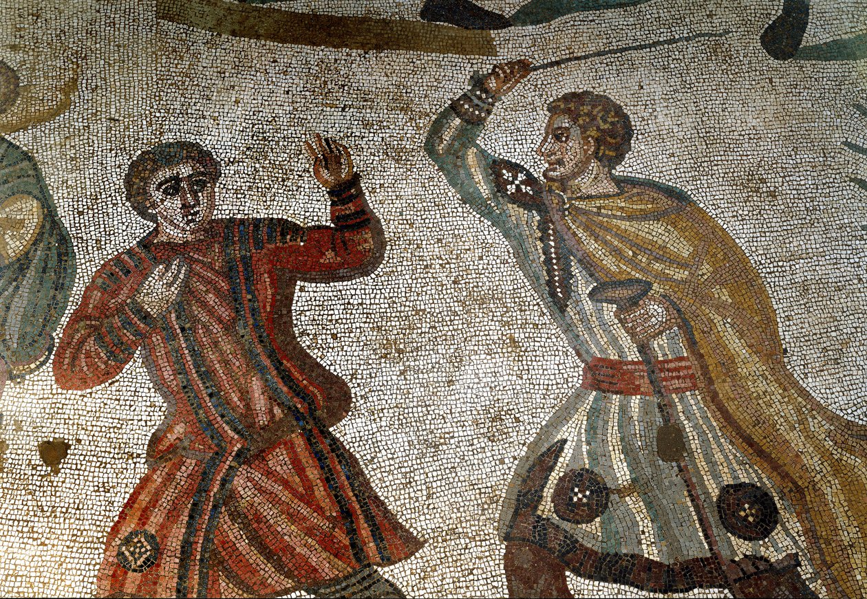 الفن الروماني: تفاصيل فسيفساء "الصيد العظيم" "أرستقراطي روماني يعاقب أحد عبيده بعصا. 315-350 م. ساحة أرميرينا ، فيلا رومانا ديل كاسالي بواسطة رواية