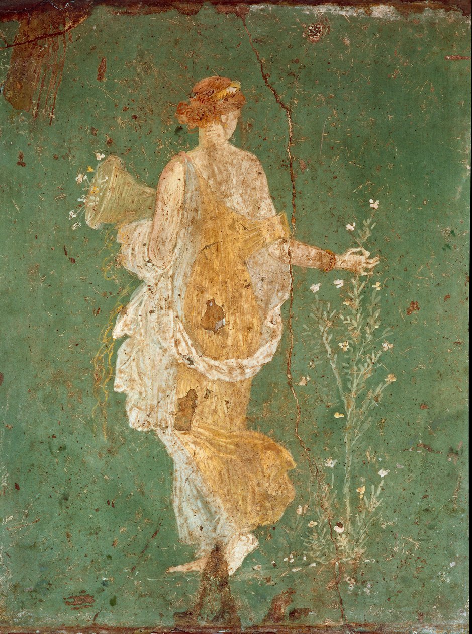 Roman Art: “” Spring”” Flora (Flora) picking flowers. fresco from the villa of Varano a Stabies (Stabiae), near Pompei. 15 BC-60 AD. Museo Archeologico Nazionale, Naples - Roman art: Spring, Flora picking flowers. Fresco from the villa of Varano in Stabiae بواسطة رواية