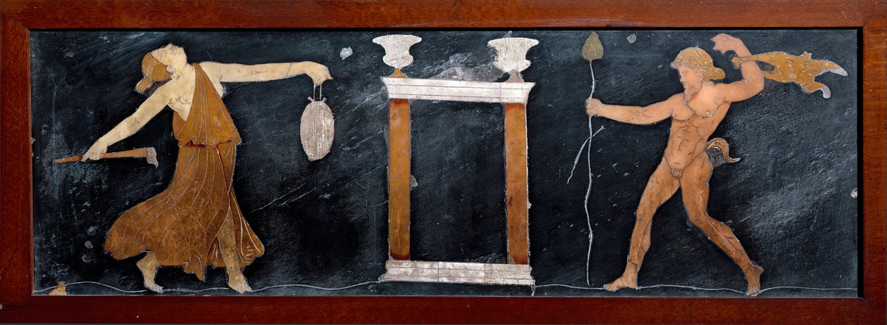 الفن الروماني: "" رقصة ميناد وساتير بالقرب من معبد صغير "" ماركيتري من بومبي. خافت. 23x67 سم Museo Archeologico Nazionale ، نابولي بواسطة رواية