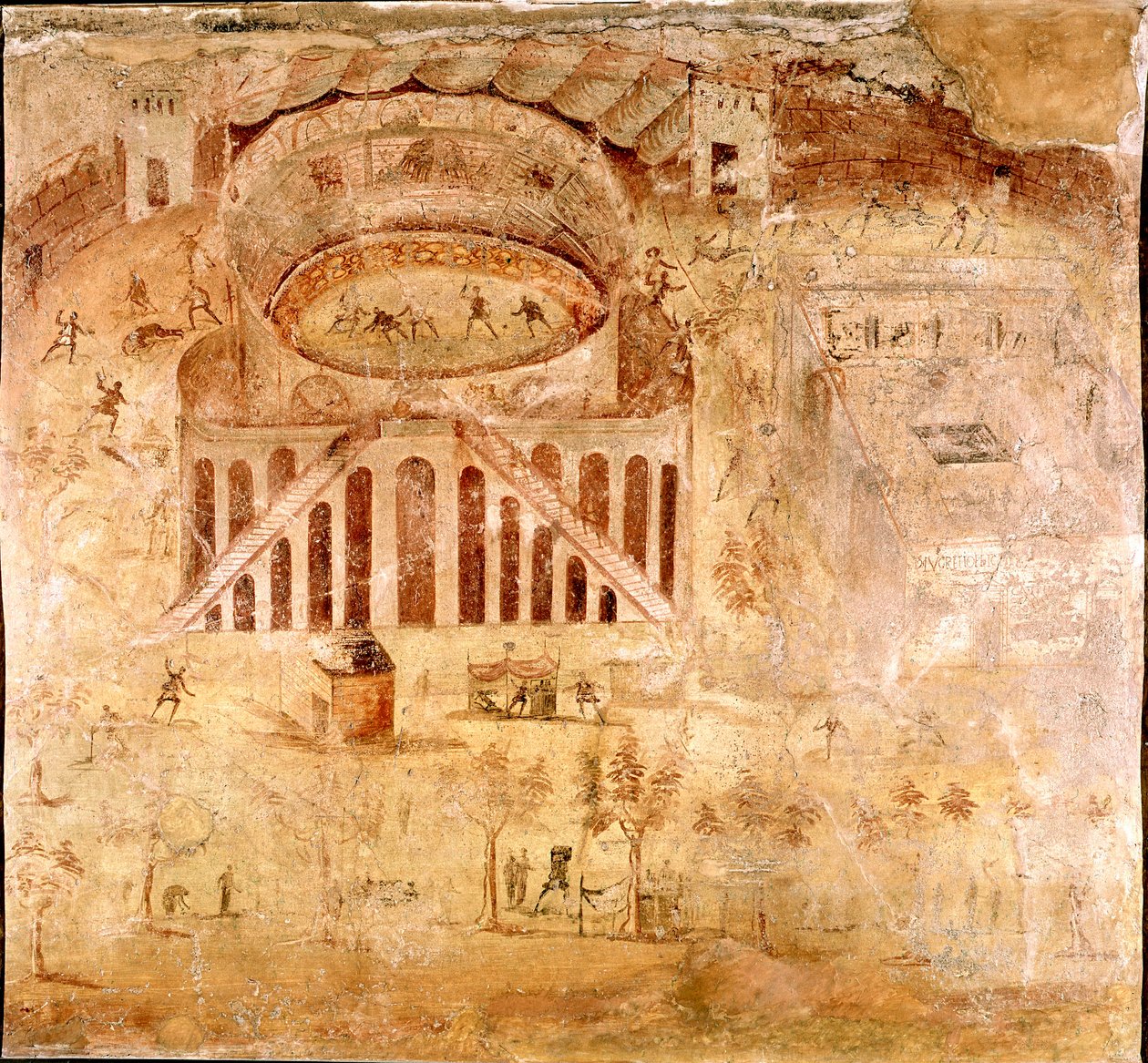 الفن الروماني: "" صراع عنيف بين سكان Nocera و Pompeians في مدرج بومبي في 59 بعد الميلاد "تفاصيل لوحة جصية. القرن الأول الميلادي. من موقع بومبي. نابولي ، Museo Archeologico Nazionale بواسطة رواية