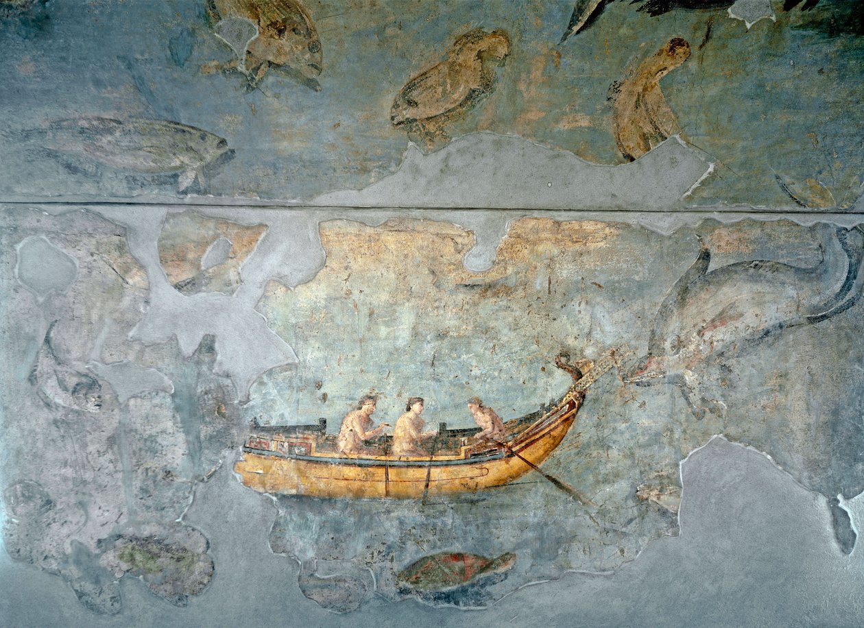Roman Art: “” fishermen on a boat””” Fresco from a house located near a river port of Rome. 131 AD. Rome, Museo Nazionale Romano (o delle Terme) بواسطة رواية