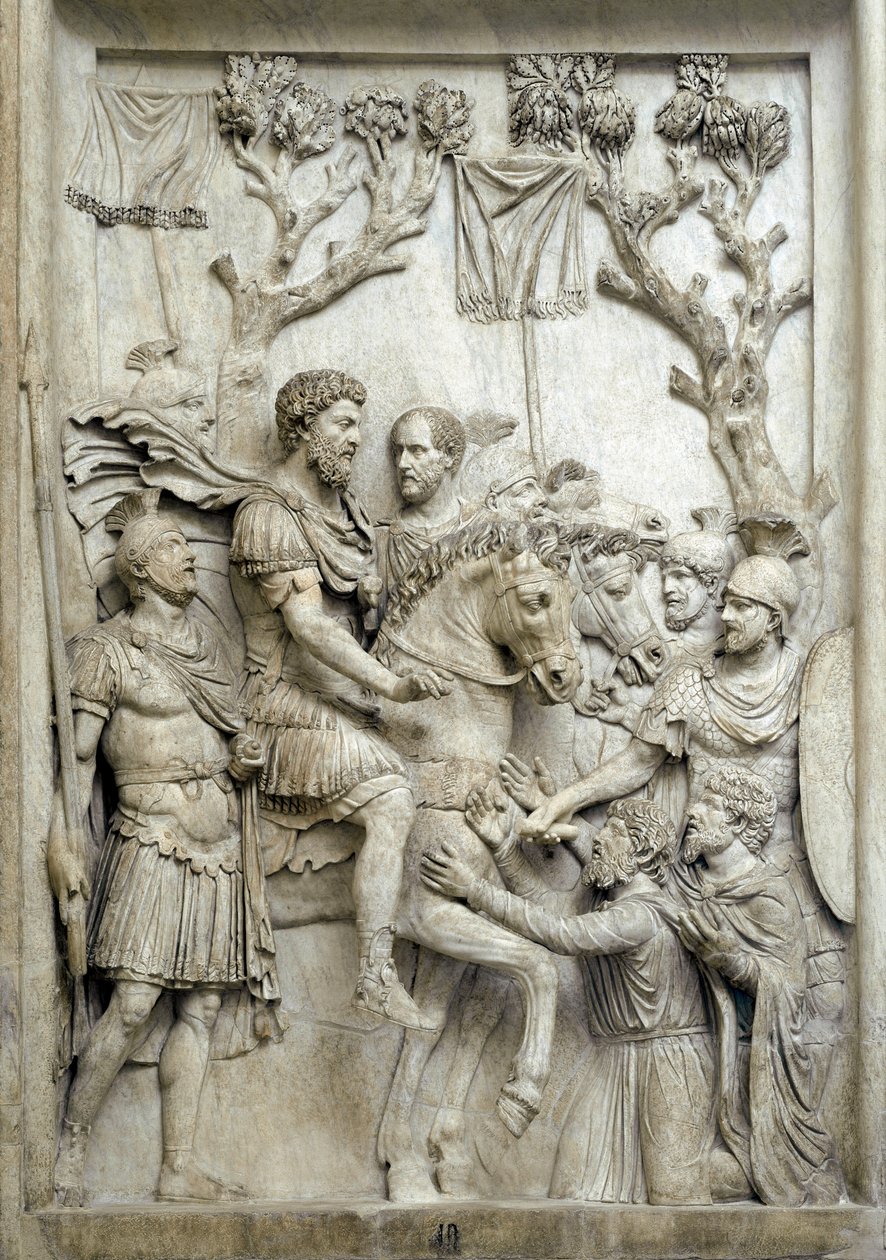 Roman Emperor Marcus Aurelius pardons the defeated enemies, c.176-180 (Marble relief) بواسطة رواية