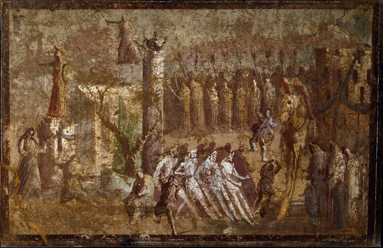 الفن الروماني: "" Tabula Iliaca "دخول حصان طروادة. يسحب حصان طروادة الحصان إلى الجدران بينما يحاول كاساندر معارضتهم. فريسكو من بومبي. نابولي ، Museo Archeologico Nazionale بواسطة رواية