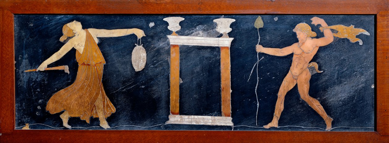 الفن الروماني: مينيد وراقص يرقص بالقرب من المعبد. لوحة جدارية من Casa dei Capitelli dorati في بومبي. القرن الأول الميلادي. نابولي ، المتحف الأثري بواسطة رواية