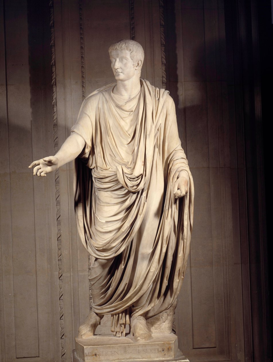 الفن الروماني: تمثال من الرخام للإمبراطور تيبيري (Tiberio Claudio Nerone ، 42 قبل الميلاد - 37 بعد الميلاد) ، الإمبراطور الروماني. الأحد 2 م. باريس ، متحف اللوفر بواسطة رواية