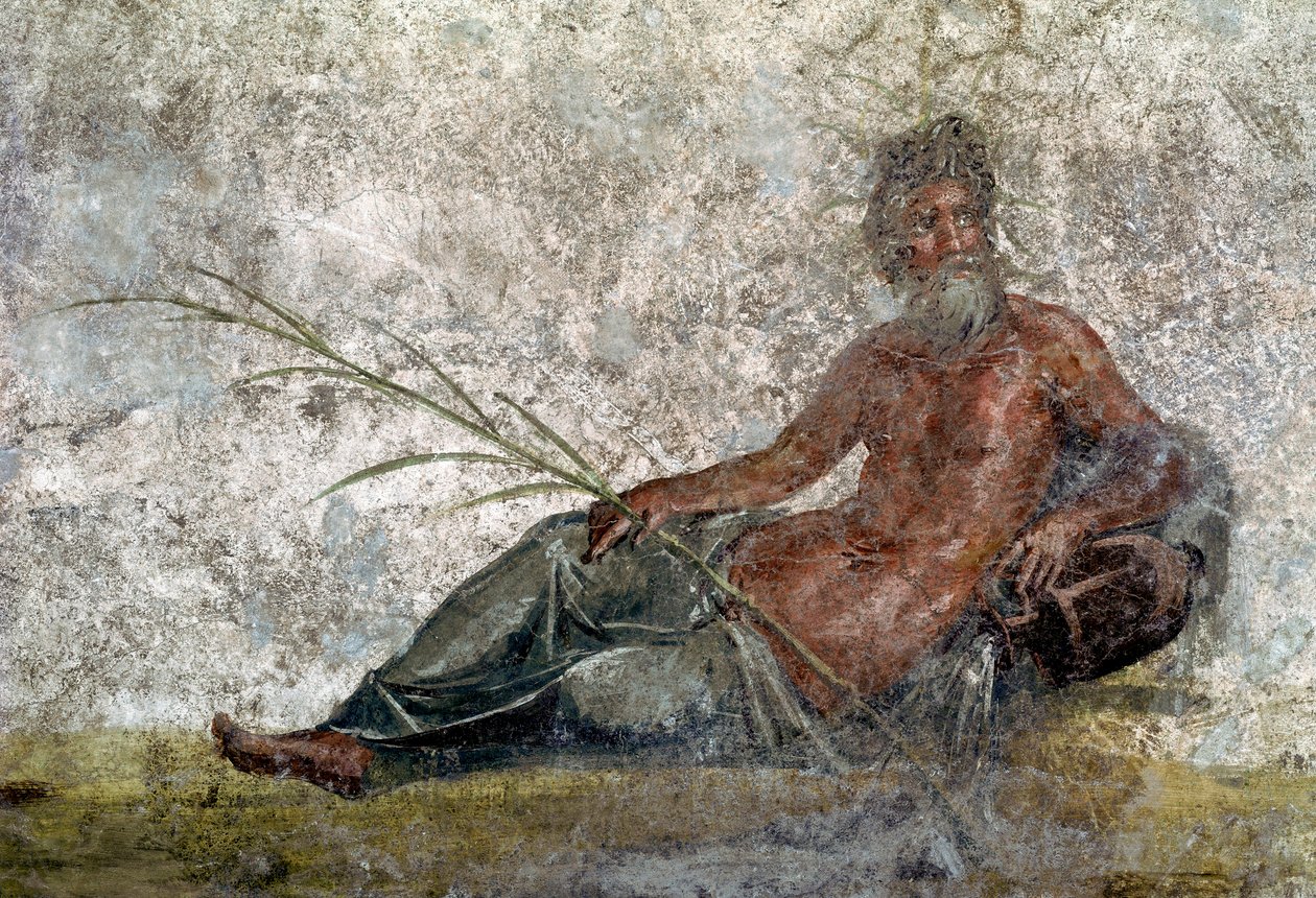 Roman art: representation of the god River. Detail of a fresco from the house of the Vestales in Pompei. 1st century AD. Paris, Louvre Museum بواسطة رواية