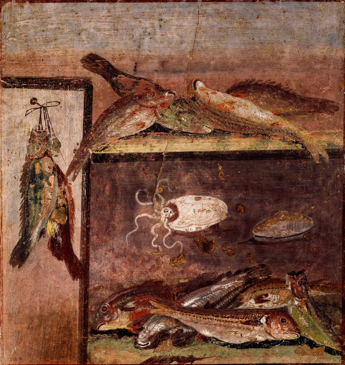 Roman art: “” still life with fish”” Fresco from the site of Pompei. 1st century AD. Naples, Museo Archeologico Nazionale بواسطة رواية