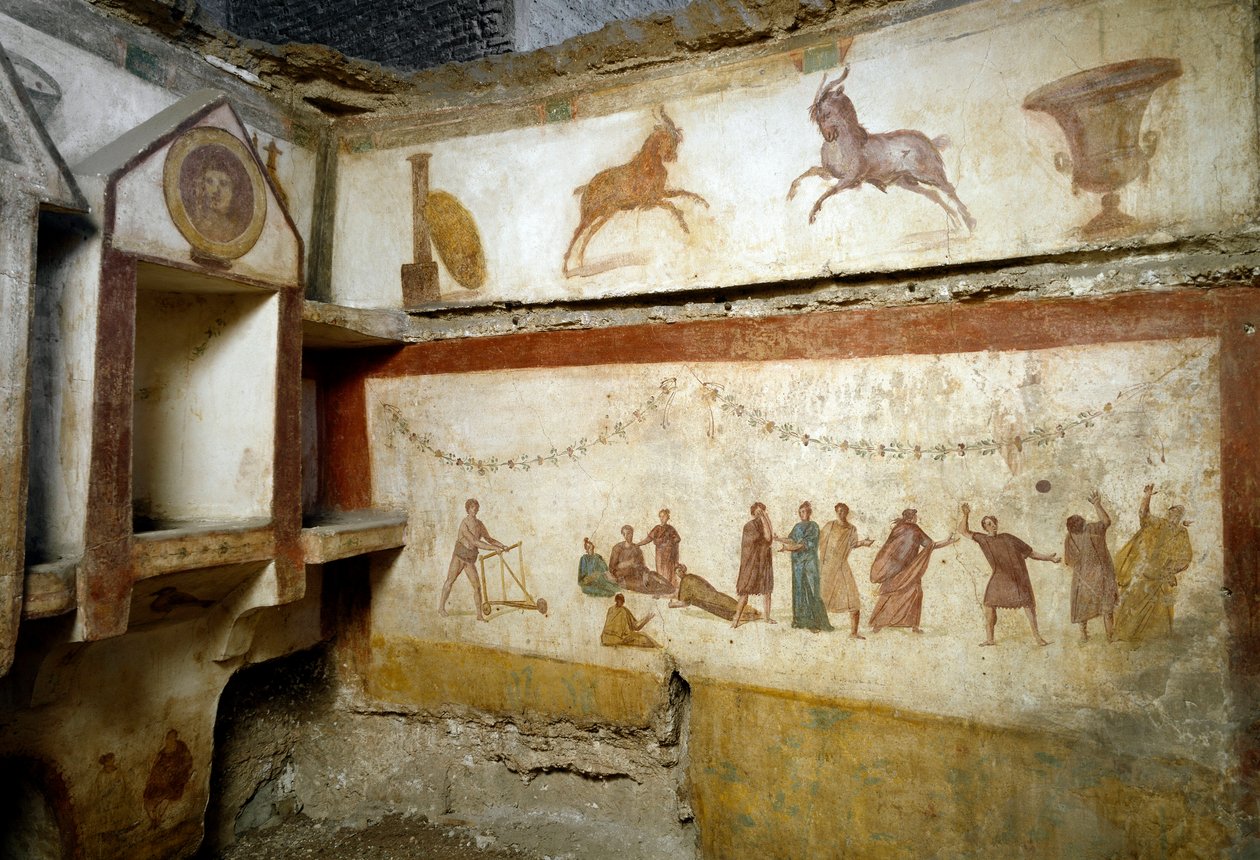 Roman art: “” young people playing””” frescoes decorating a tomb of the Via portuense. 2nd century. Sun. h. 90 cm Rome, Museo Nazionale Romano (o delle Terme) Italy بواسطة رواية