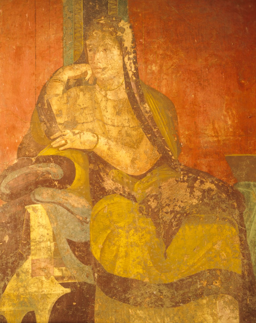 Roman woman, detail of painting from Cult of Dionysian Mysteries, Second Pompeian Style, Villa of Mysteries, Pompeii , Campania, Roman Civilization بواسطة رواية