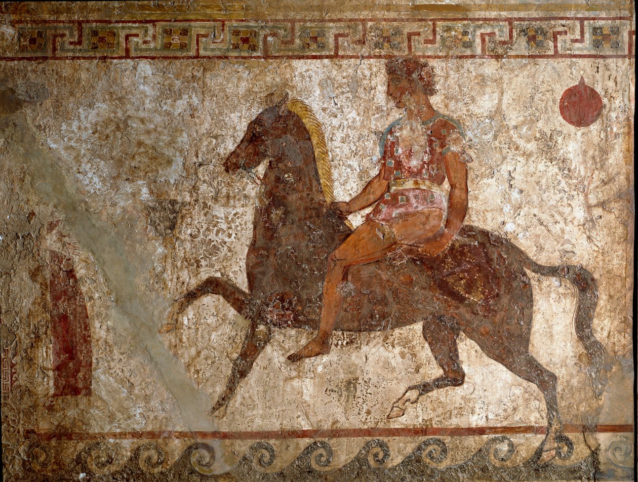متسابق سامنيت. لوحة قبر من القرن الرابع قبل الميلاد من موقع بايستوم بإيطاليا. فريسكو. Museo nazionale archeologico ، نابولي (متحف نابولي الأثري). بواسطة رواية