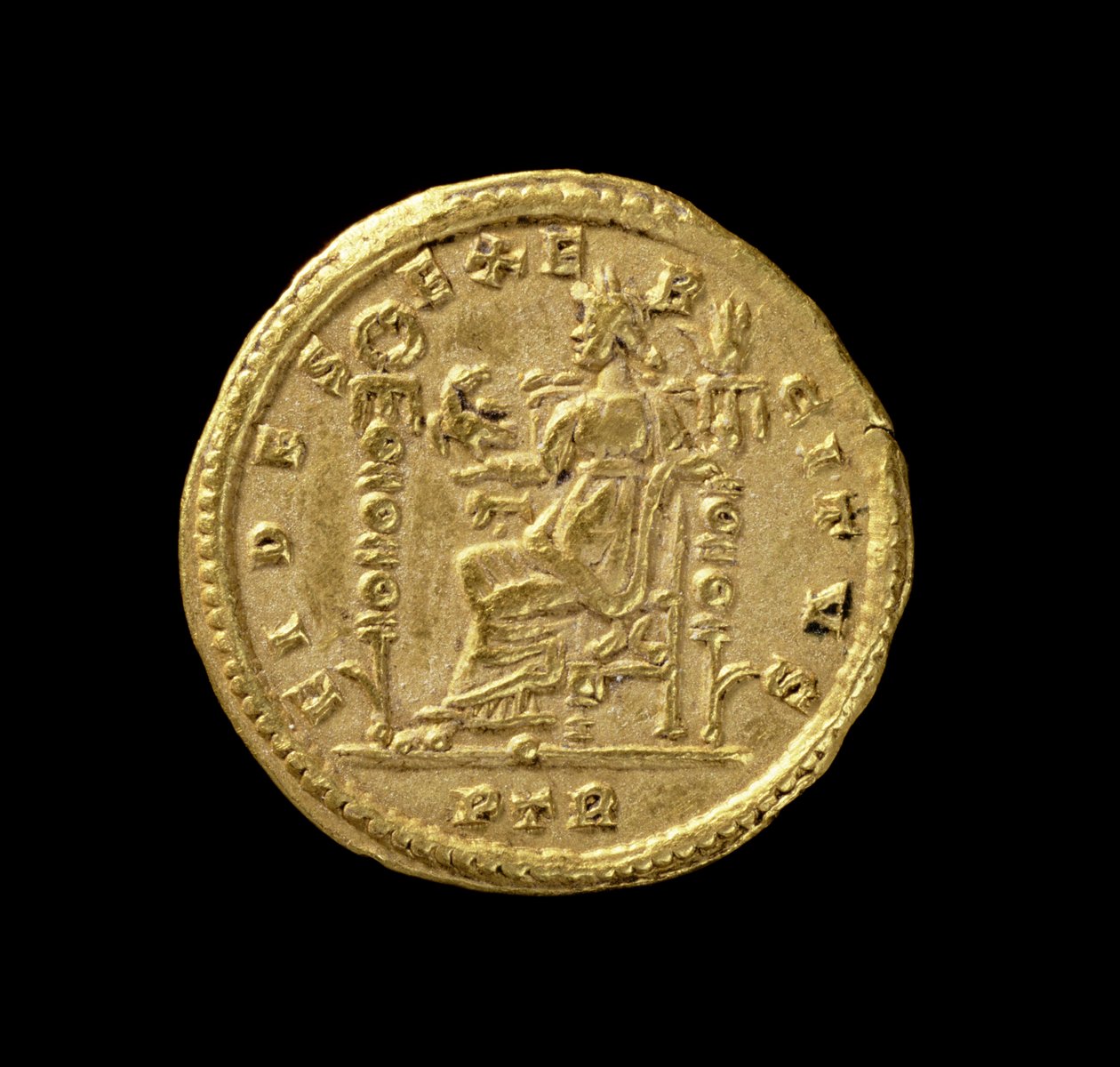 Solidus (عكس) لقسطنطين الأول الكبير (306 م - 337 م) يصور فيدس جالسًا على العرش. نقش: FIDES EXERCITVS (الذهب) (للأمام انظر 119150) بواسطة رواية