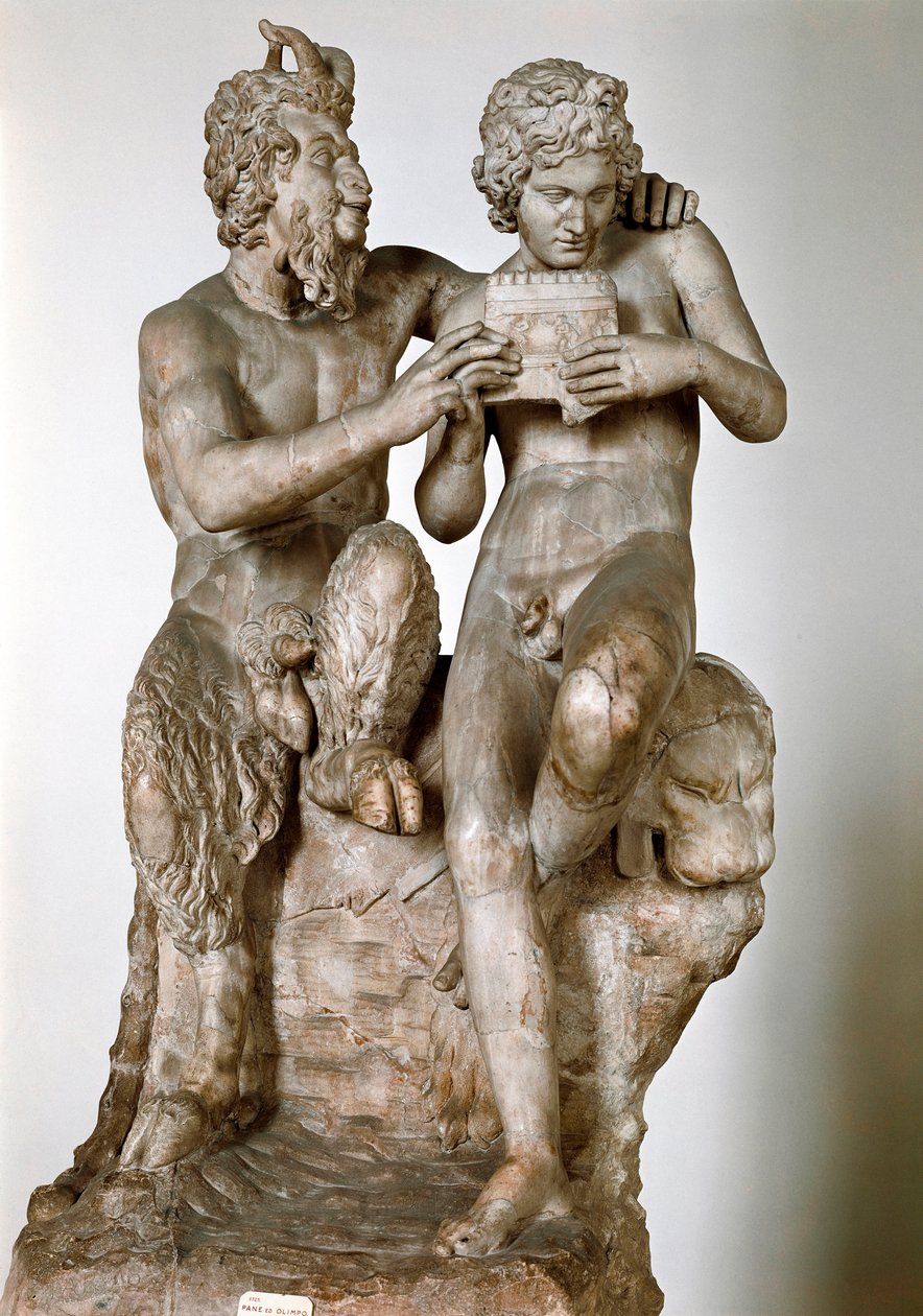 Statuette of the god Pan teaching the flute has his eromene, the shepherd Daphnis 1st century BC. Roman marble sculpture after a Greek original. National Archaeological Museum of Naples - Pan and Daphnis (or Olympus). Roman copy after a Hellenistic sculptu بواسطة رواية