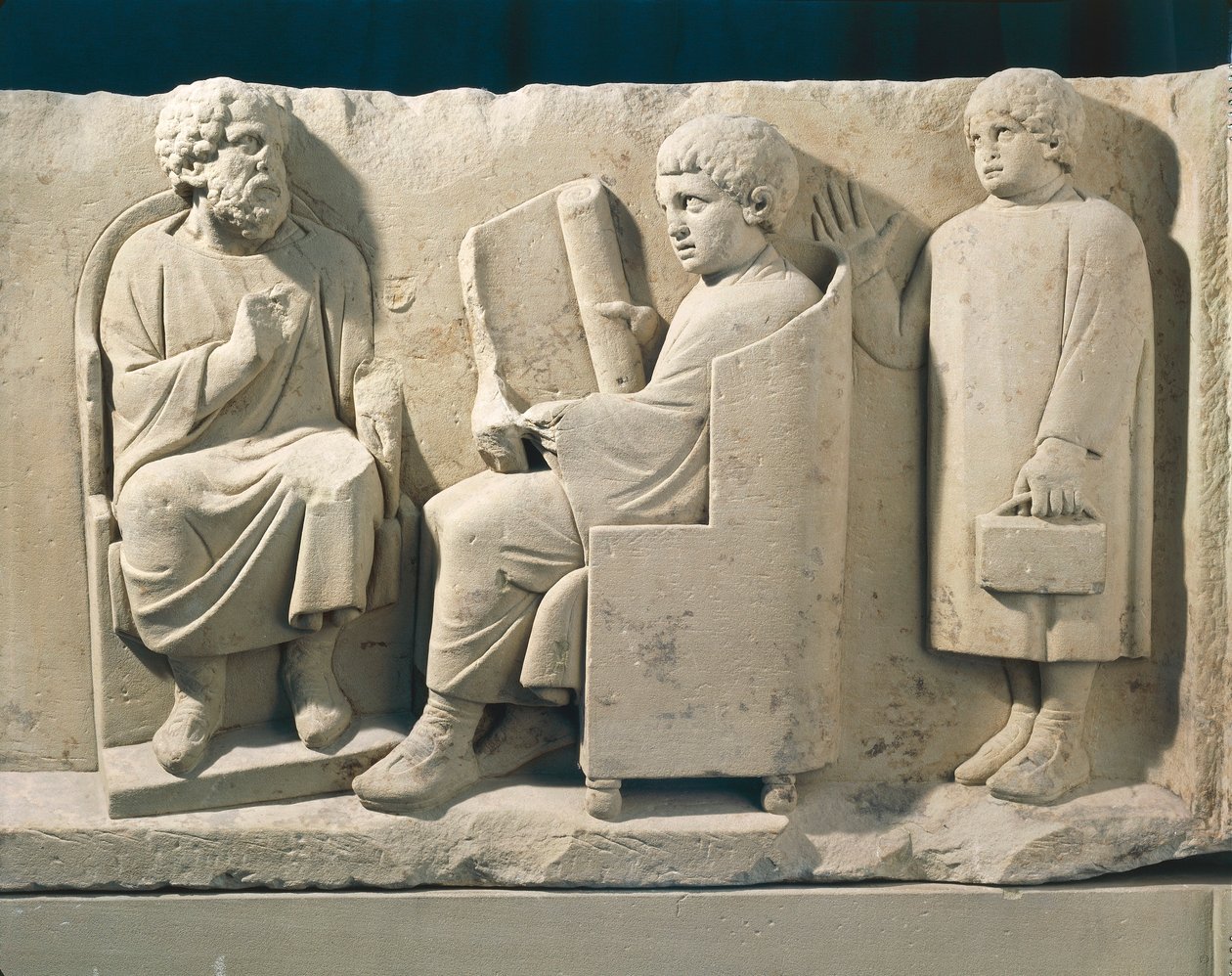 Stone burial monument with relief representing Neumagen school with teacher and pupils, about 180 بواسطة رواية