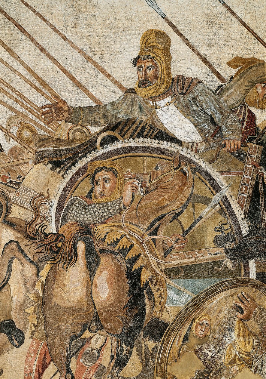 انتصر الإسكندر الثالث الأكبر في معركة إيسوس ضد داريوس (داريوس) الثالث كودومان (335 - 331 قبل الميلاد) فسيفساء بومبي. التفاصيل. المتحف الأثري الوطني ، نابولي. (من بومبي ، بيت الفون) بواسطة رواية