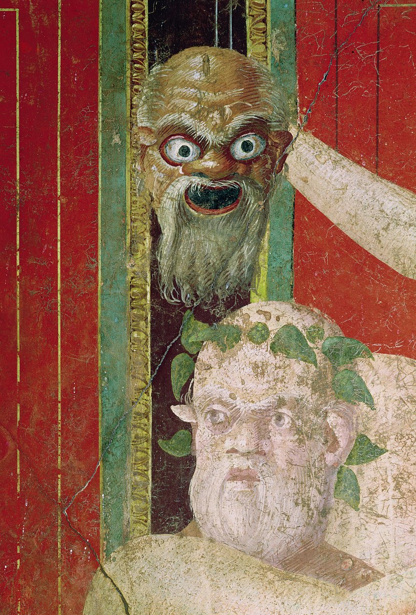 رأس المسنين Silenus ، فوق ما هو قناع Silenus ، الجدار الشرقي ، Oecus 5 ، 60-50 قبل الميلاد بواسطة رواية