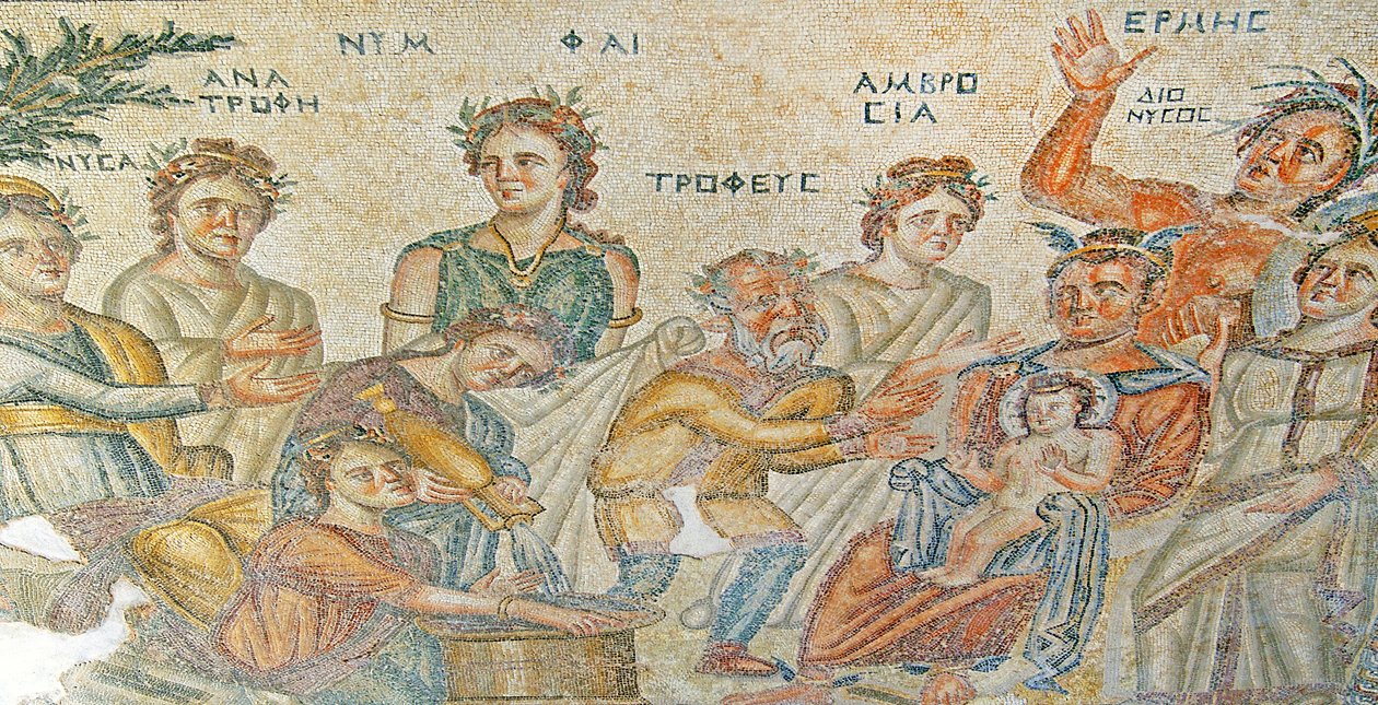 عرض الطفل ديونيسوس من قبل هيرميس إلى Silenus. House of Aion، بافوس، قبرص (فسيفساء) بواسطة رواية