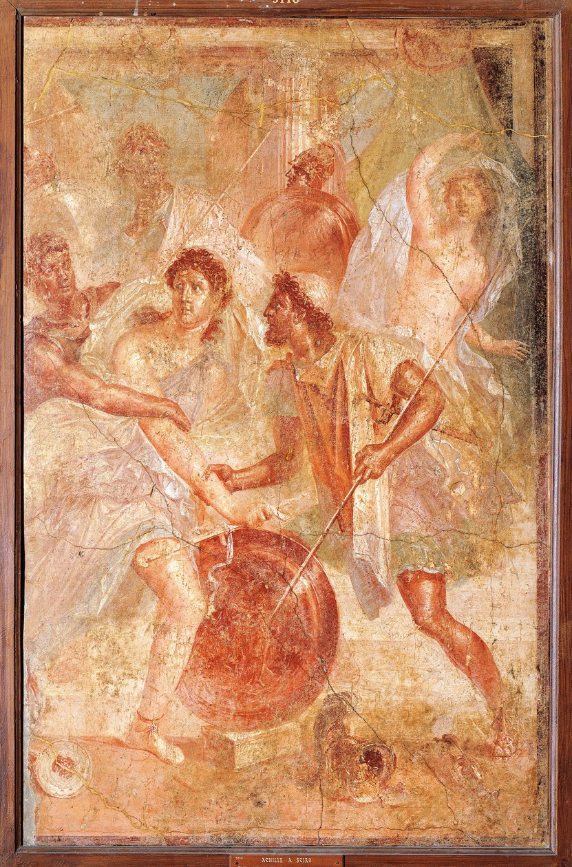Ulysses and Diomedes recognizing Achilles disguised as the female Pyrrha among the Daughters of Lycomedes at Skyros, from Pompeii (fresco) بواسطة رواية