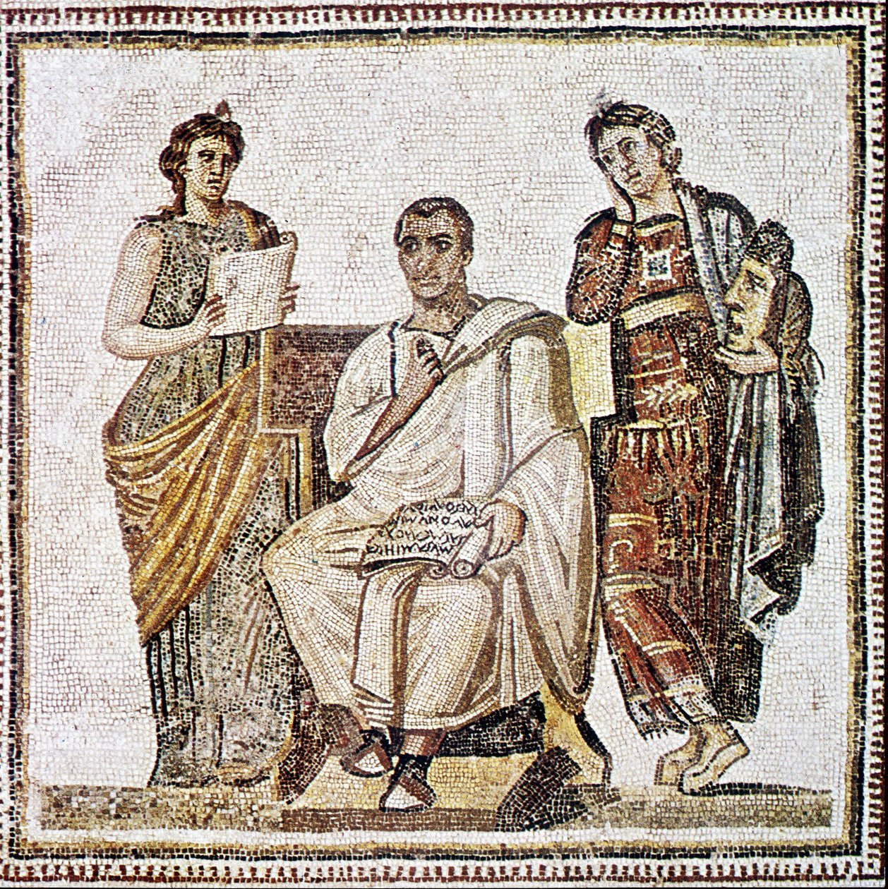 فيرجيل يكتب Eneide تحت أنظار الفنانات Clio و Melpomene - فسيفساء من القرن الرابع بعد JC من Susa في تونس. بواسطة رواية