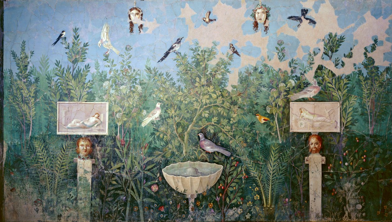 Wall fresco depicting garden and birds, House of the Golden Bracelet, Pompeii بواسطة رواية