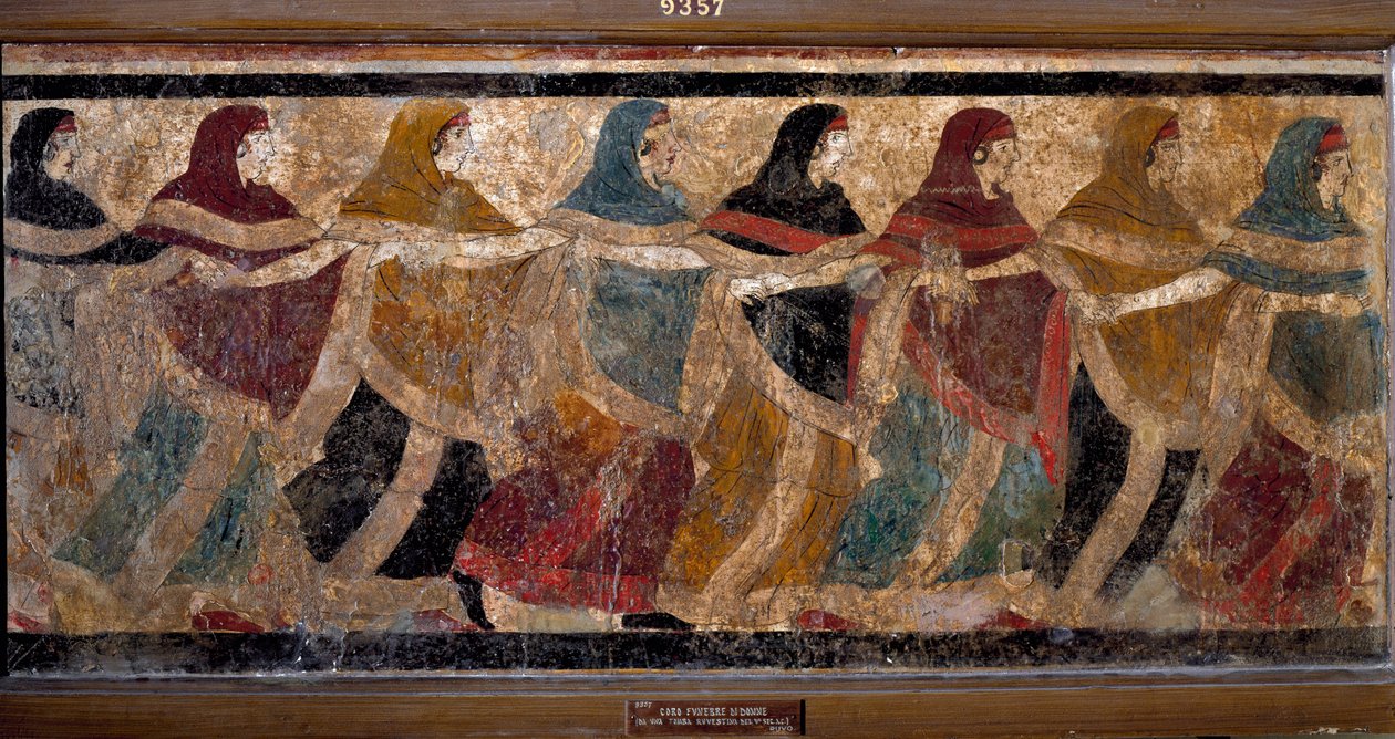 جولة جنازة سيدات. 117x52.5 سم طازج. لوحة من القبر رقم 11 ، عبر dei Cappuccini في روفو ، إيطاليا. القرن الخامس قبل الميلاد. طازجة في 6 أجزاء. رقم الجرد 9357. المتحف الأثري الوطني ، نابولي (Musee Archeologique de Naples). بواسطة رواية