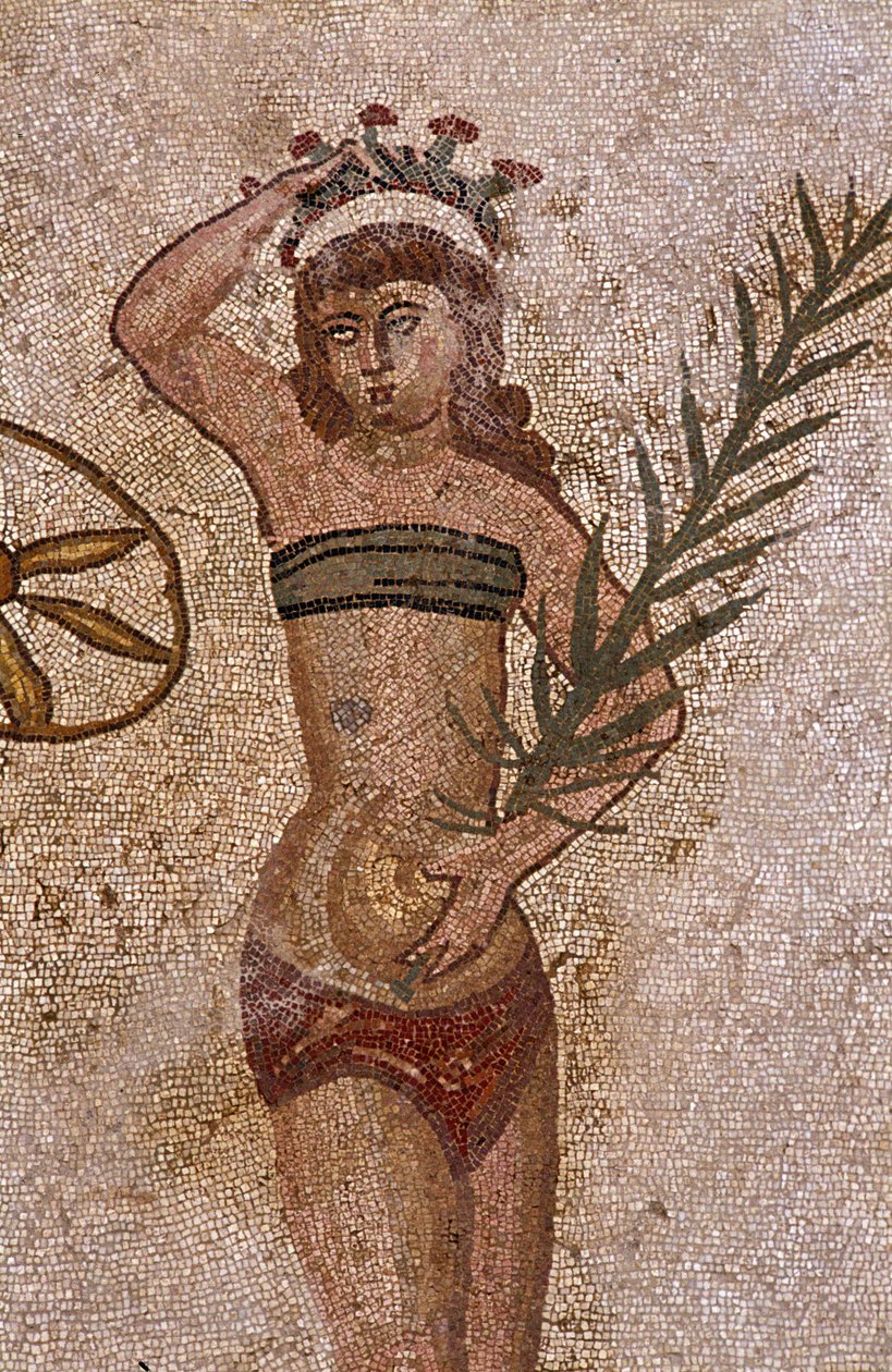 Young Romans engaged in physical exercises. They wear a loincloth around the kidneys and a strophium (ancetra of the bra) on the chest. A loaf around the kidneys. The palm branch they hold is a symbol of victory. Roman Mosaic of the 3rd - 4th century of Vi بواسطة رواية