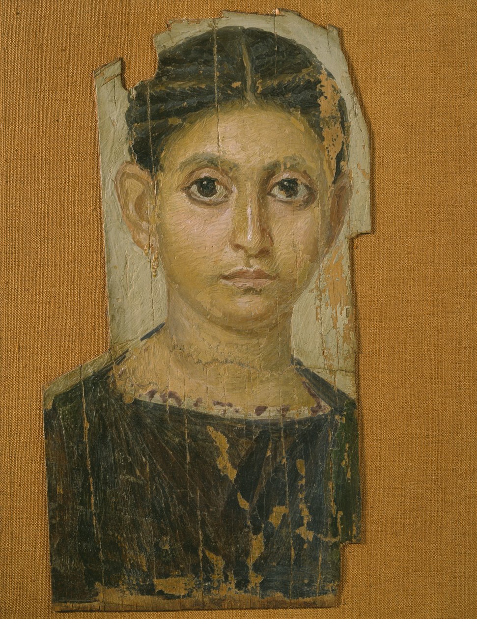 صورة أنثى مومياء ، من الفيوم ، أواخر القرن الثالث الميلادي (شمع مغلف على خشب مطلي) بواسطة الفترة الرومانية المصرية
