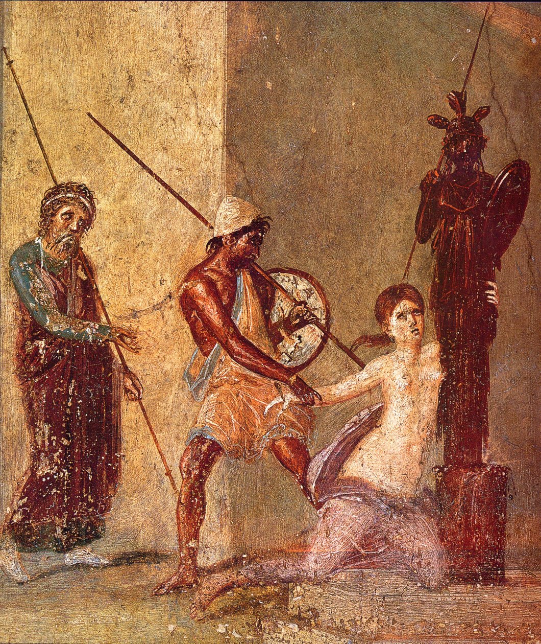 Ajax the Lesser يسحب كاساندرا بعيدًا عن Xoanon ، 1st H. 1st cen. ميلادي بواسطة لوحة جدارية رومانية بومبيان