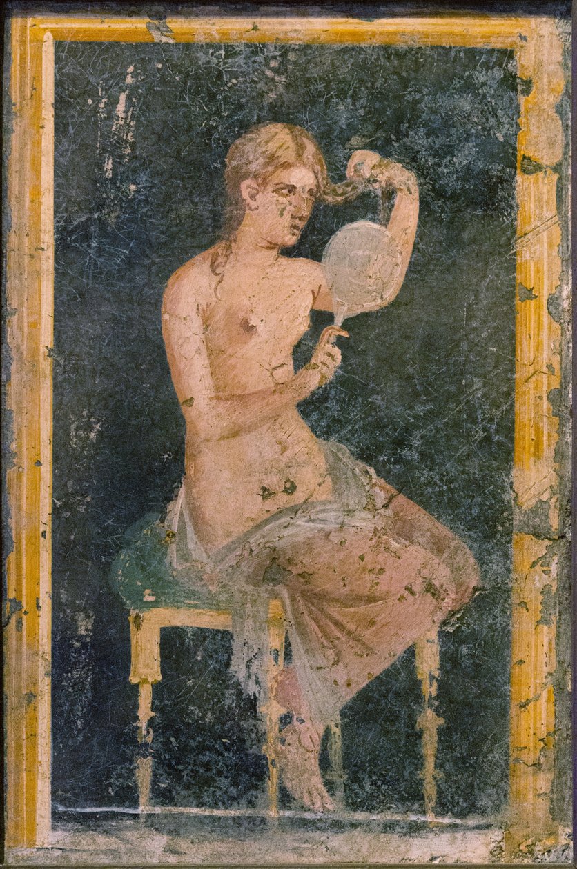 امرأة مع مرآة ، 1st H. 1st cen. ميلادي. بواسطة لوحة جدارية رومانية بومبيان.