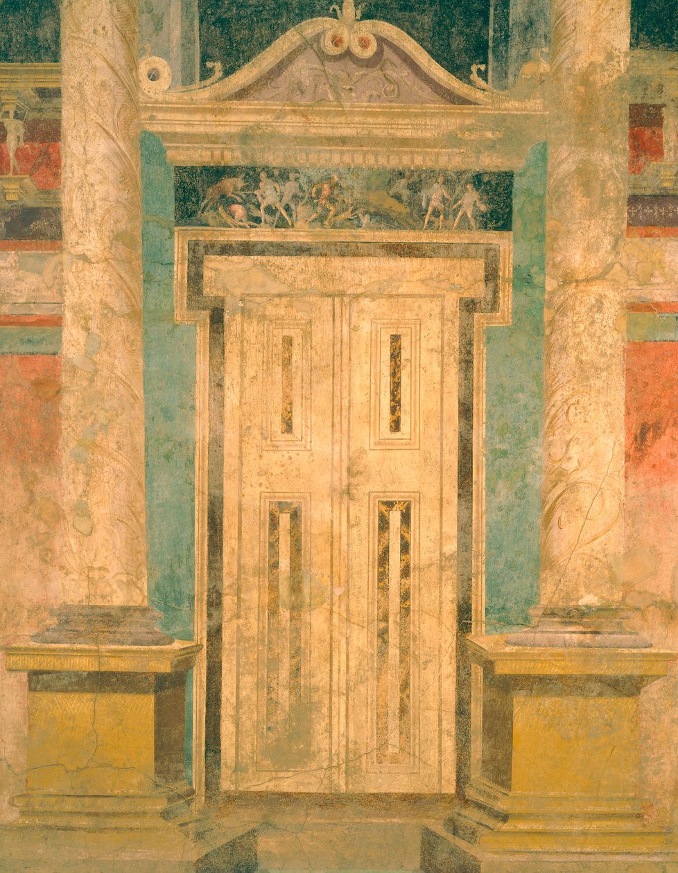 جدار Aeacus مع زخرفة جصية سينوغرافية مع باب مزيف ، من Roman Villa of Boscoreale (نابولي) ، الحضارة الرومانية ، بواسطة رومان رومان