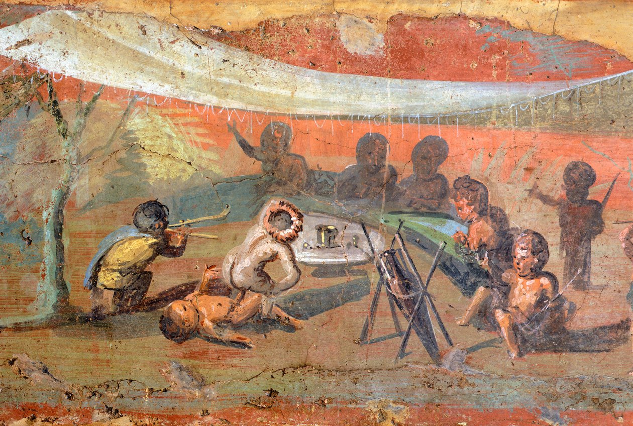 تفاصيل لوحة تصور مشهدًا مثبتًا على الجبس على طول نهر النيل مع الأقزام، 56 × 217 سم، من بومبي، أحد مواقع التراث العالمي لليونسكو بواسطة رومان رومان