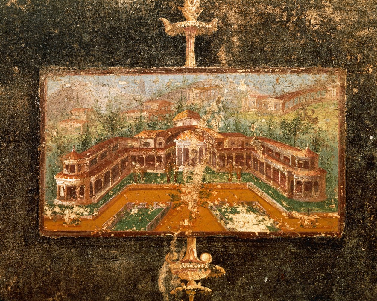 المناظر الطبيعية والهندسة المعمارية في الرسم الجداري في التابلينوم، طراز بومبيان الثالث، منزل ماركو لوكريسيو فرونتو، من بومبي، كامبانيا، إيطاليا بواسطة رومان رومان
