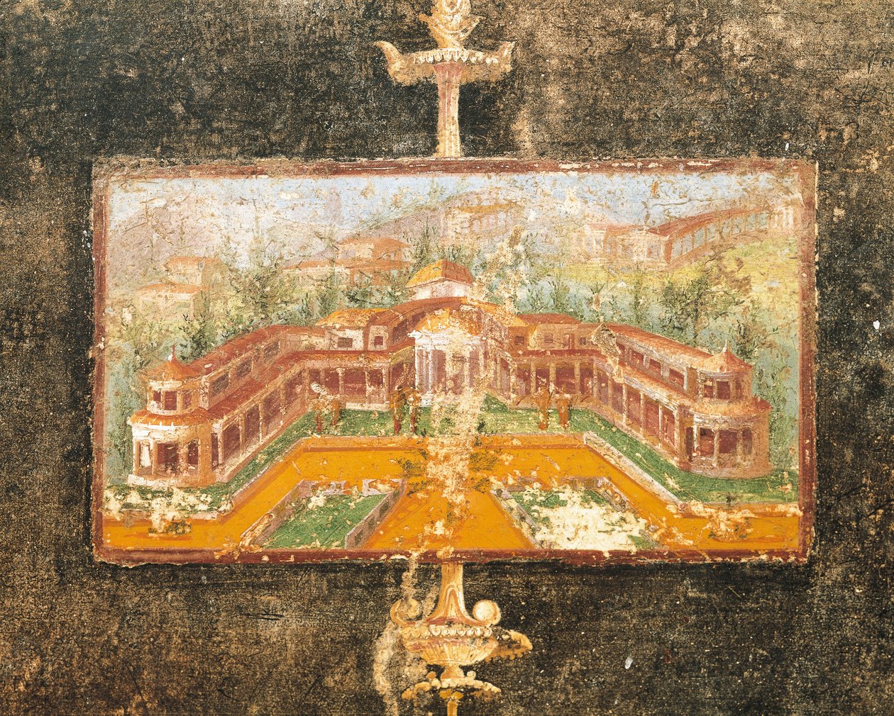 المناظر الطبيعية والهندسة المعمارية في الرسم الجداري في التابلينوم، منزل ماركوس لوكريتيوس فرونتو، بومبي، كامبانيا، الحضارة الرومانية بواسطة رومان رومان