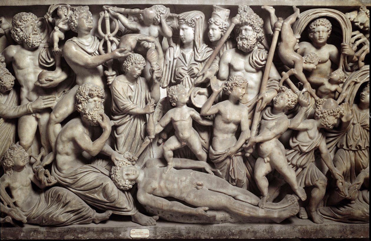 Prometeo created the uomo: Promethee creating the first man. Sarcophagus with representation of the myth of Promethee. With the characters of Greek and Roman mythology: Promethee, Psyche, little loves, Hermes, psychopomp god, Parques (Cabinets), Poseidon,  بواسطة رومان رومان