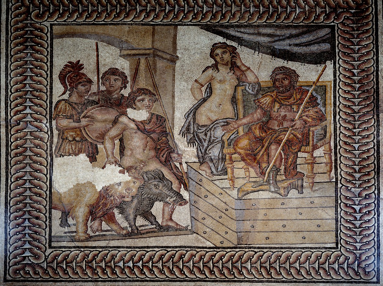 الفن الروماني: "" Admete ، ملك Pheres في Thessaly ، بعد أن قام بترويض خنزير وأسد ، يسأل Pelias ، ملك Iolcos ، عن يد ابنته Alceste "" فسيفساء عرس Admete. نيم ، متحف الفنون الجميلة بواسطة رومان رومان