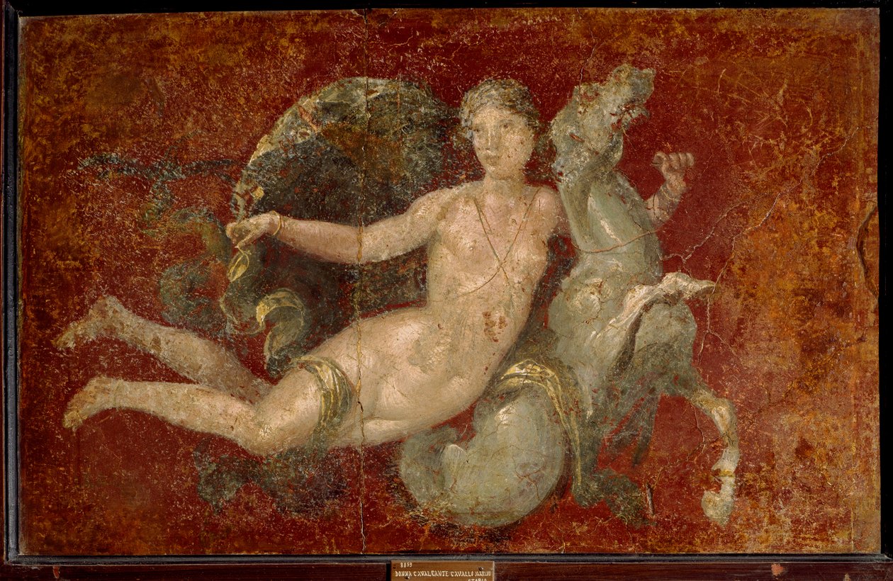 الفن الروماني: امرأة تركب حصان البحر. فريسكو من ستابيا. نابولي ، Museo Archeologico Nazionale - الفن الروماني: امرأة تركب حصان البحر. فريسكو من ستابيا. المتحف الأثري الوطني ، نابولي ، إيطاليا بواسطة رومان رومان