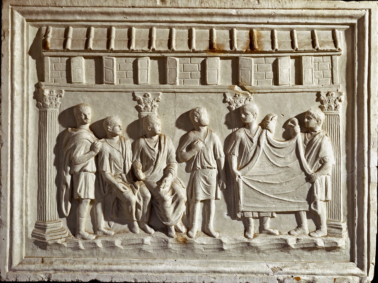 Roman art: low relief mold representing a fabric and tapestries. From an original from the 2nd century AD. Rome Museo della Civilta Romana بواسطة رومان رومان